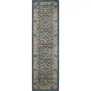 Photo of 6' Navy Blue and Yellow Floral Distressed Non Skid Runner Rug