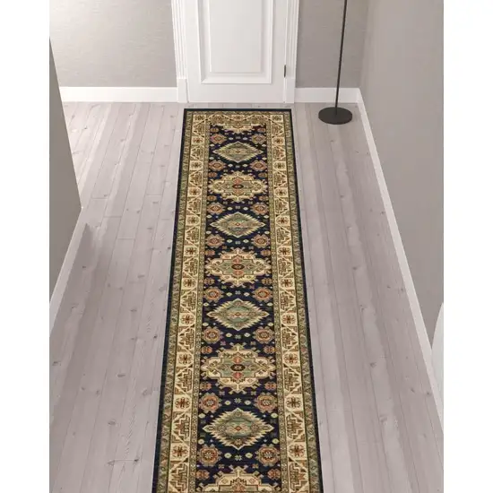 12' Navy Charcoal Orange Rust Gold Pale Blue Olive Beige And Salmon Oriental Power Loom Runner Rug With Fringe Photo 2