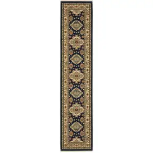 Photo of 12' Navy Charcoal Orange Rust Gold Pale Blue Olive Beige And Salmon Oriental Power Loom Runner Rug With Fringe