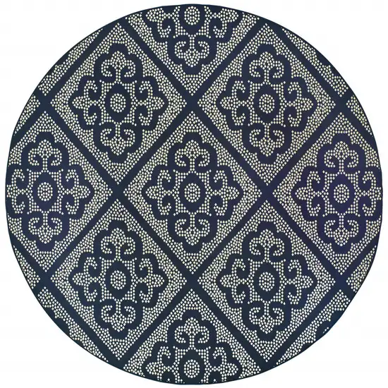 8' Navy Round Geometric Stain Resistant Indoor Outdoor Area Rug Photo 2