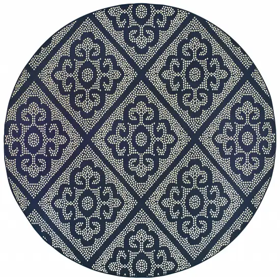 8' Navy Round Geometric Stain Resistant Indoor Outdoor Area Rug Photo 1