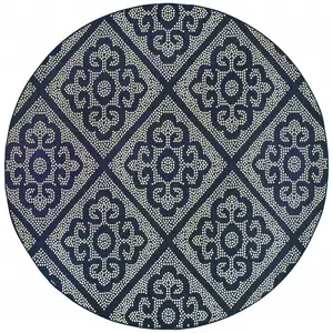 Photo of 8' Navy Round Geometric Stain Resistant Indoor Outdoor Area Rug