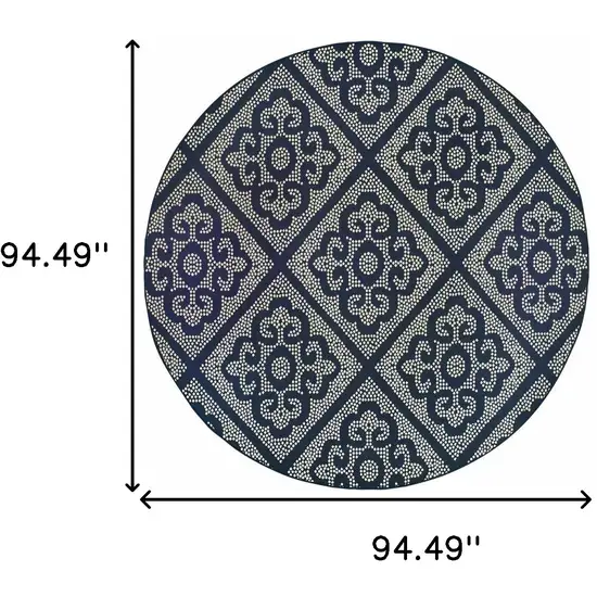 8' Navy Round Geometric Stain Resistant Indoor Outdoor Area Rug Photo 4