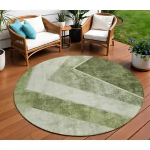 Photo of 8' Olive Green And Artichoke Green Round Geometric Washable Indoor Outdoor Area Rug