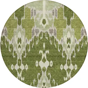 Photo of 8' Olive Green And Artichoke Green Round Ikat Washable Indoor Outdoor Area Rug