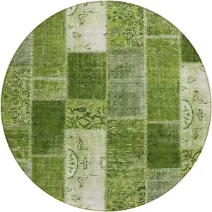 Photo of 8' Olive Green And Artichoke Green Round Patchwork Washable Indoor Outdoor Area Rug