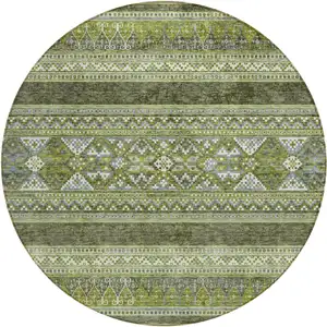 Photo of 8' Olive Green And Artichoke Green Round Southwestern Washable Indoor Outdoor Area Rug