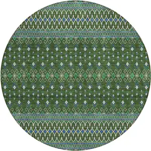 Photo of 8' Olive Green And Blue Round Tribal Washable Indoor Outdoor Area Rug