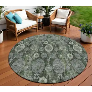 Photo of 8' Olive Green And Fern Green Round Damask Washable Indoor Outdoor Area Rug