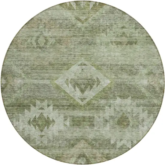 8' Olive Green And Fern Green Round Southwestern Washable Indoor Outdoor Area Rug Photo 2