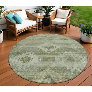 Photo of 8' Olive Green And Fern Green Round Southwestern Washable Indoor Outdoor Area Rug