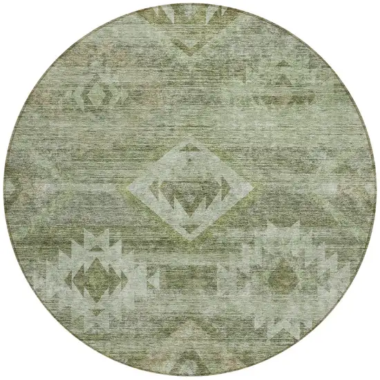 8' Olive Green And Fern Green Round Southwestern Washable Indoor Outdoor Area Rug Photo 5