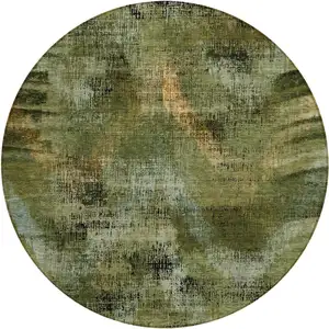 Photo of 8' Olive Green And Gold Round Abstract Washable Indoor Outdoor Area Rug