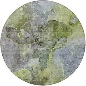 Photo of 8' Olive Green And Gray Round Abstract Washable Indoor Outdoor Area Rug