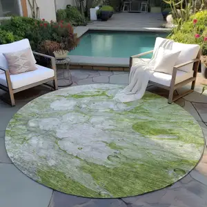 Photo of 8' Olive Green And Gray Round Abstract Washable Indoor Outdoor Area Rug