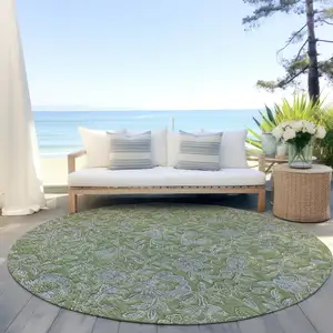 Photo of 8' Olive Green And Gray Round Floral Washable Indoor Outdoor Area Rug