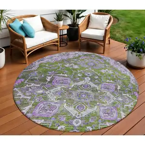 Photo of 8' Olive Green And Purple Round Oriental Washable Indoor Outdoor Area Rug