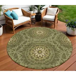 Photo of 8' Olive Green Artichoke Green And Gold Round Floral Medallion Washable Indoor Outdoor Area Rug