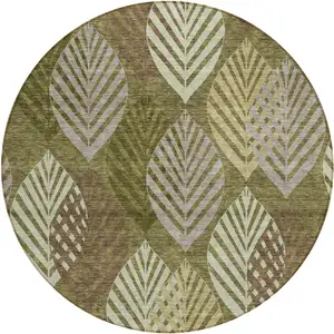 Photo of 8' Olive Green Artichoke Green And Gray Round Floral Washable Indoor Outdoor Area Rug