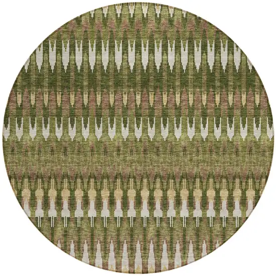 8' Olive Green Brown And Gold Round Southwestern Washable Indoor Outdoor Area Rug Photo 3