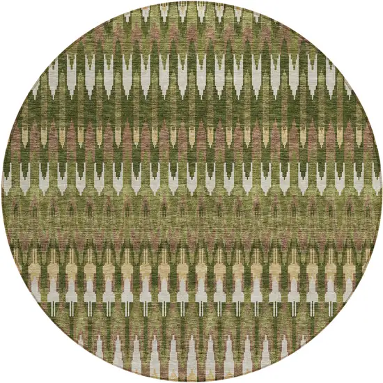 8' Olive Green Brown And Gold Round Southwestern Washable Indoor Outdoor Area Rug Photo 1