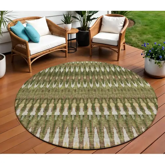 8' Olive Green Brown And Gold Round Southwestern Washable Indoor Outdoor Area Rug Photo 2