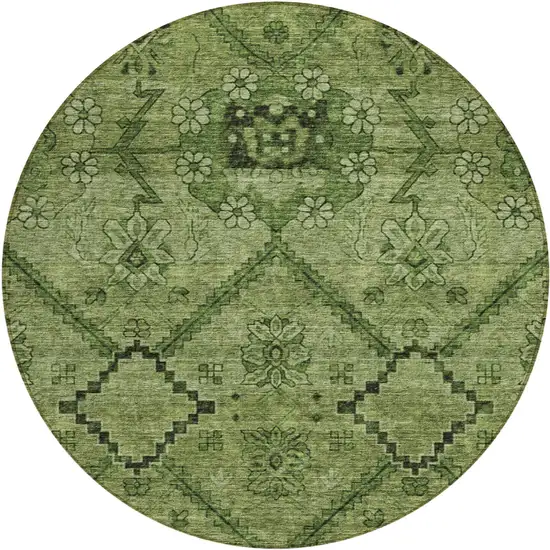 8' Olive Green Fern Green And Artichoke Green Round Floral Washable Indoor Outdoor Area Rug Photo 2