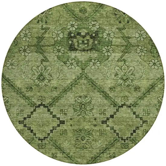 8' Olive Green Fern Green And Artichoke Green Round Floral Washable Indoor Outdoor Area Rug Photo 5