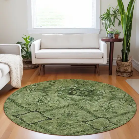 8' Olive Green Fern Green And Artichoke Green Round Floral Washable Indoor Outdoor Area Rug Photo 7