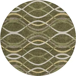 Photo of 8' Olive Green Fern Green And Ivory Round Abstract Washable Indoor Outdoor Area Rug