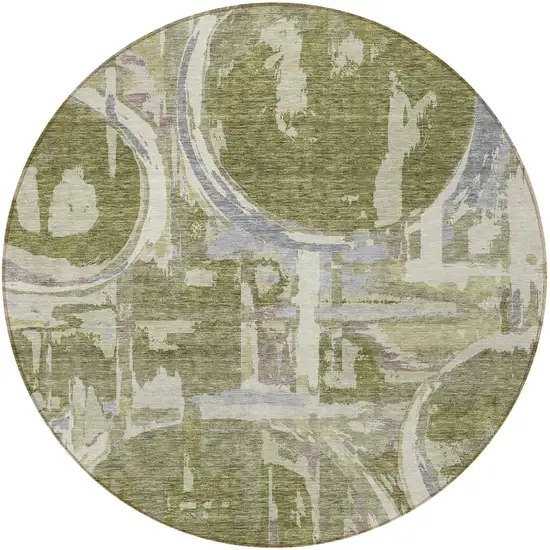 8' Olive Green Gray And Beige Round Geometric Washable Indoor Outdoor Area Rug Photo 5