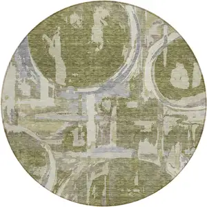 Photo of 8' Olive Green Gray And Beige Round Geometric Washable Indoor Outdoor Area Rug