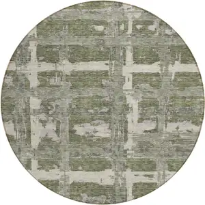 Photo of 8' Olive Green Gray And Beige Round Striped Washable Indoor Outdoor Area Rug