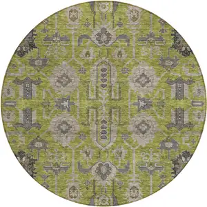 Photo of 8' Olive Green Gray And Charcoal Round Oriental Washable Indoor Outdoor Area Rug