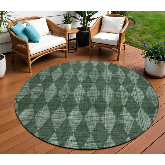 8' Olive Green Round Geometric Washable Indoor Outdoor Area Rug Photo 1