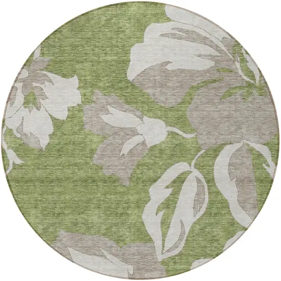 8' Olive Green Taupe And Beige Round Floral Washable Indoor Outdoor Area Rug Photo 6