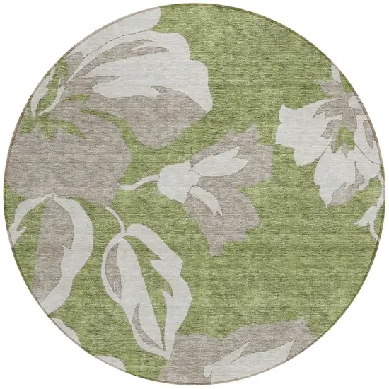 8' Olive Green Taupe And Beige Round Floral Washable Indoor Outdoor Area Rug Photo 5