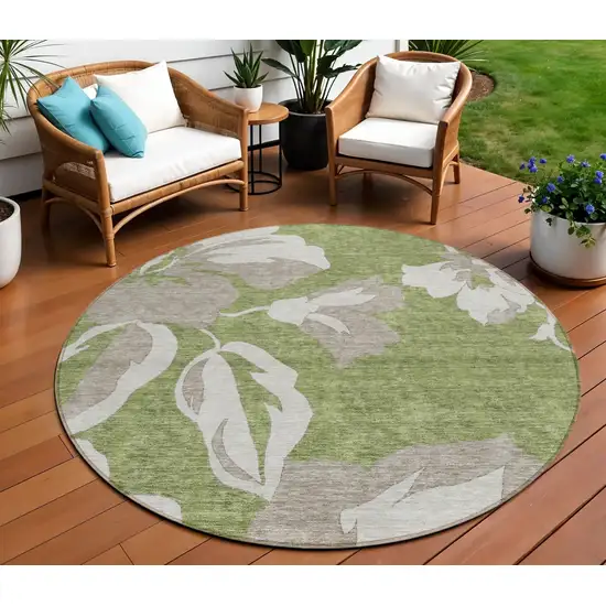 8' Olive Green Taupe And Beige Round Floral Washable Indoor Outdoor Area Rug Photo 1