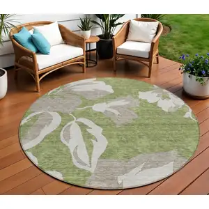 Photo of 8' Olive Green Taupe And Beige Round Floral Washable Indoor Outdoor Area Rug