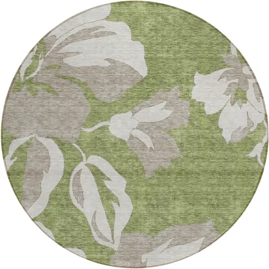 8' Olive Green Taupe And Beige Round Floral Washable Indoor Outdoor Area Rug Photo 2