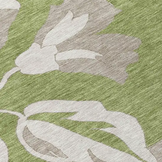 8' Olive Green Taupe And Beige Round Floral Washable Indoor Outdoor Area Rug Photo 4