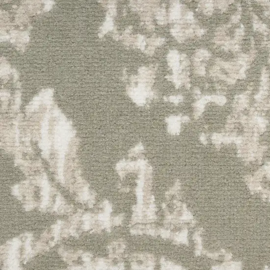 7' Olive Green and Ivory Damask Distressed Runner Rug Photo 9