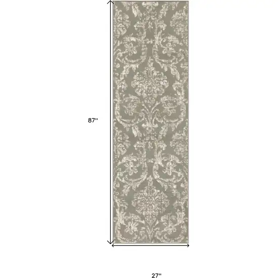 7' Olive Green and Ivory Damask Distressed Runner Rug Photo 3