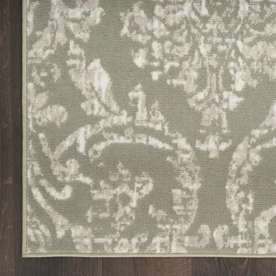 7' Olive Green and Ivory Damask Distressed Runner Rug Photo 5