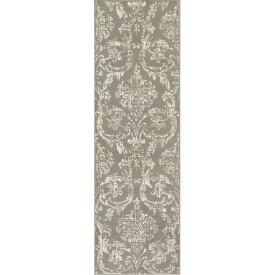 7' Olive Green and Ivory Damask Distressed Runner Rug Photo 4