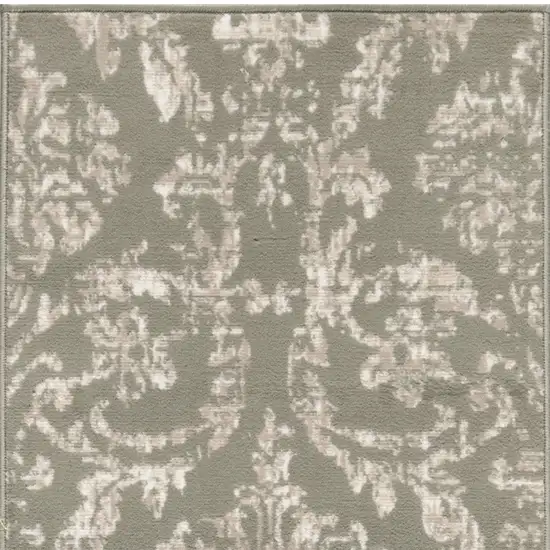 7' Olive Green and Ivory Damask Distressed Runner Rug Photo 7