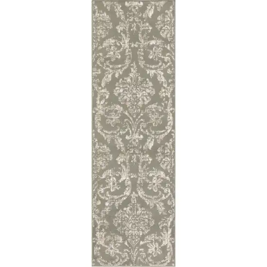 7' Olive Green and Ivory Damask Distressed Runner Rug Photo 2