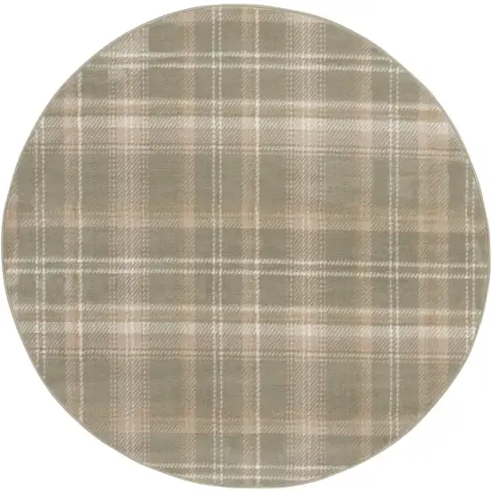 4' Olive Green and Ivory Plaid Round Rug Photo 2