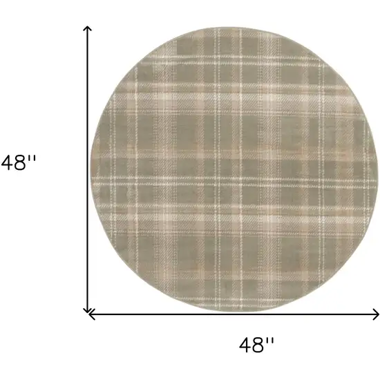 4' Olive Green and Ivory Plaid Round Rug Photo 3