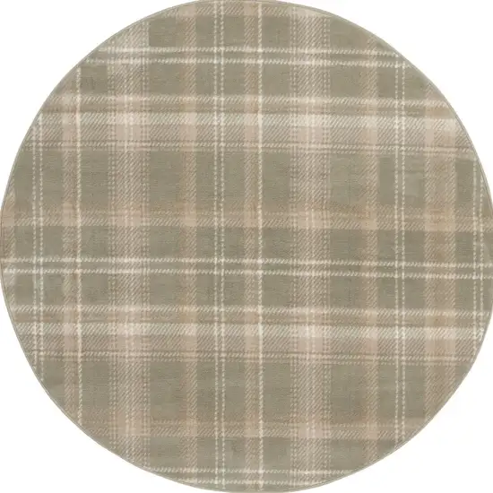 4' Olive Green and Ivory Plaid Round Rug Photo 4